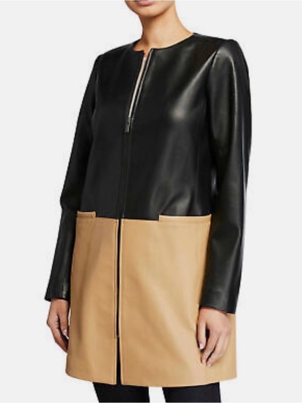 Neiman Marcus long leather coat jacket black & tan color block jacket size XL
